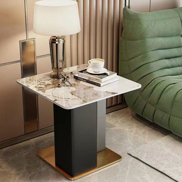 Contemporary Scandinavian Square Column Slate Leather Wood Carbon Steel End Table For Living Room - Image 2