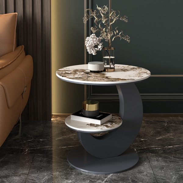 Modern Luxury Round Crescent Moon Frame Slab Carbon Steel End Table 2-Tray For Living Room - Image 11