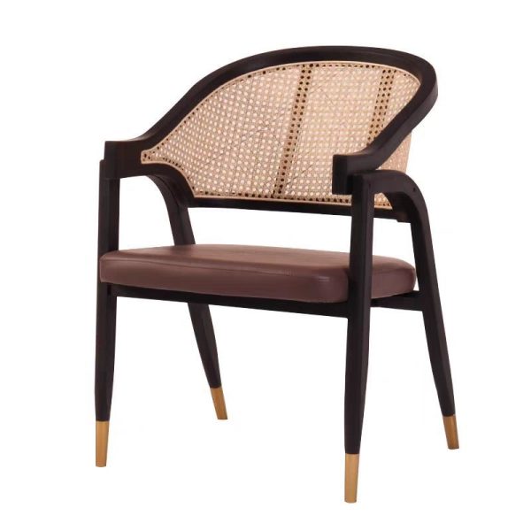 Traditional Vintage Square Upholstered Solid Wood Rattan Linen Dining Chair Backrest Armrest For Dining Room - Image 15