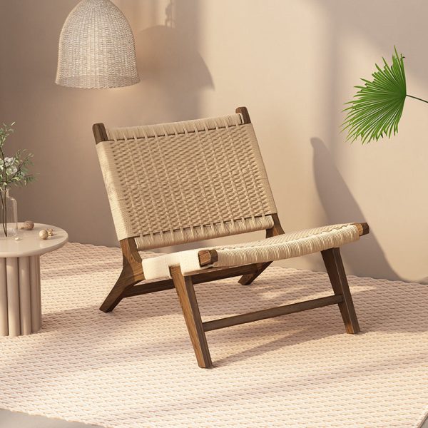 Contemporary Nordic Weaving Wood Rope Rectangular Square Accent Chair Backrest Armrest For Living Room - Image 10