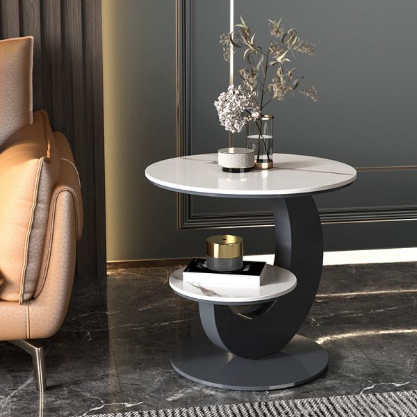 Modern Luxury Round Crescent Moon Frame Slab Carbon Steel End Table 2-Tray For Living Room - Image 12
