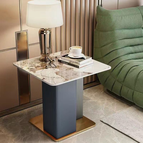 Contemporary Scandinavian Square Column Slate Leather Wood Carbon Steel End Table For Living Room - Image 14