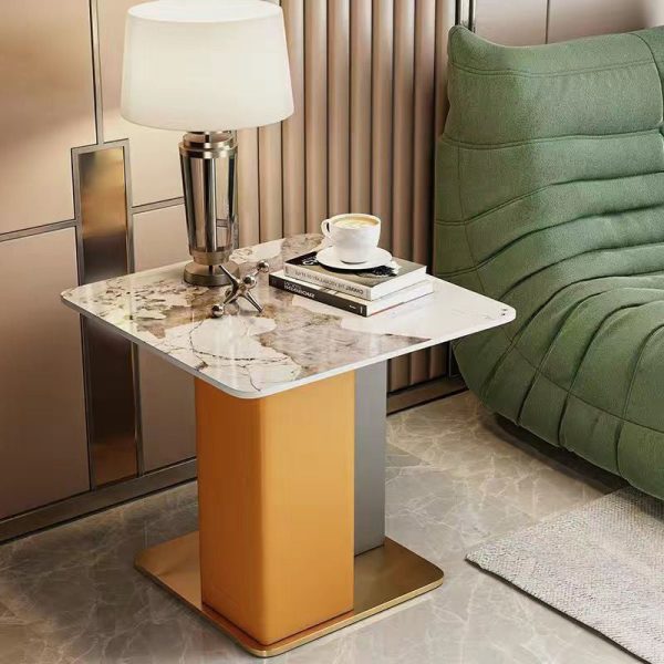 Contemporary Scandinavian Square Column Slate Leather Wood Carbon Steel End Table For Living Room - Image 15