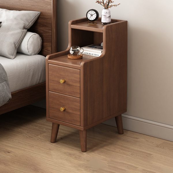 Traditional Chinese Rectangular Wood Density Panel Nightstand 2-Drawer Shelf For Bedroom - Image 3