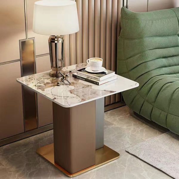 Contemporary Scandinavian Square Column Slate Leather Wood Carbon Steel End Table For Living Room - Image 16
