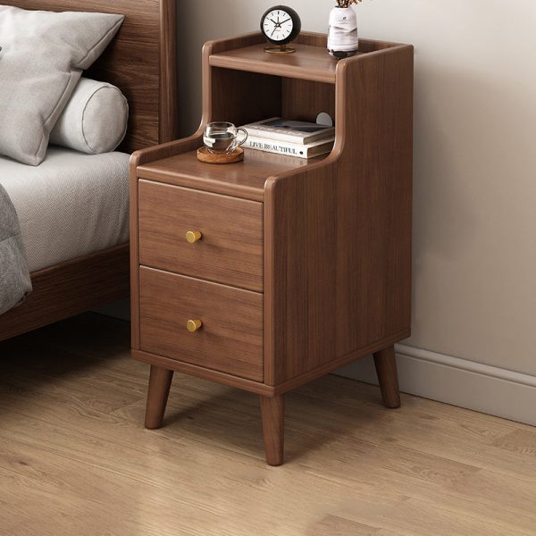 Traditional Chinese Rectangular Wood Density Panel Nightstand 2-Drawer Shelf For Bedroom - Image 17