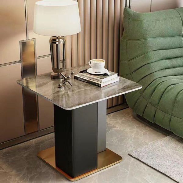 Contemporary Scandinavian Square Column Slate Leather Wood Carbon Steel End Table For Living Room - Image 18