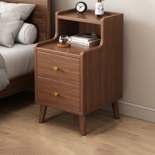 Traditional Chinese Rectangular Wood Density Panel Nightstand 2-Drawer Shelf For Bedroom - Image 19