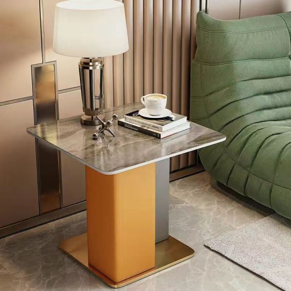 Contemporary Scandinavian Square Column Slate Leather Wood Carbon Steel End Table For Living Room - Image 19