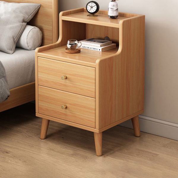 Traditional Chinese Rectangular Wood Density Panel Nightstand 2-Drawer Shelf For Bedroom - Image 20