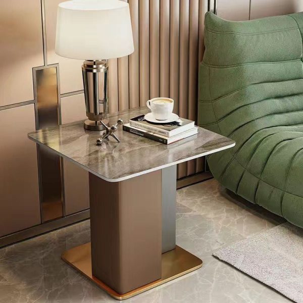 Contemporary Scandinavian Square Column Slate Leather Wood Carbon Steel End Table For Living Room - Image 20