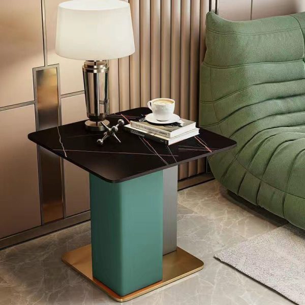 Contemporary Scandinavian Square Column Slate Leather Wood Carbon Steel End Table For Living Room - Image 21