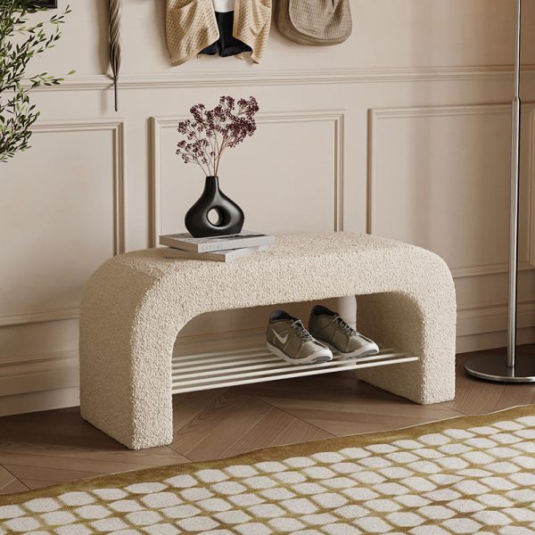 Modern Minimalist Long Rectangle Lambswool PU Leather Iron Storage Bench 1-Shelf For Entryways - Image 12