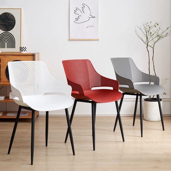 Modern Minimalist Square Hollowed Out Dots Backrest Plastic Iron Dining Chair Armrest For Dining Room - Image 3