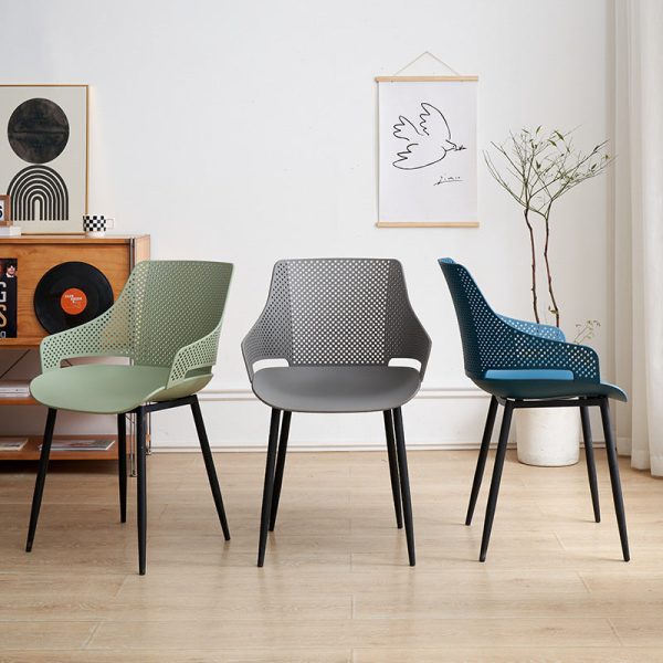 Modern Minimalist Square Hollowed Out Dots Backrest Plastic Iron Dining Chair Armrest For Dining Room - Image 11