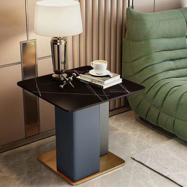 Contemporary Scandinavian Square Column Slate Leather Wood Carbon Steel End Table For Living Room - Image 23