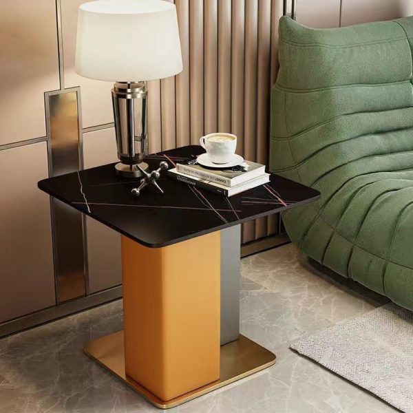 Contemporary Scandinavian Square Column Slate Leather Wood Carbon Steel End Table For Living Room - Image 4