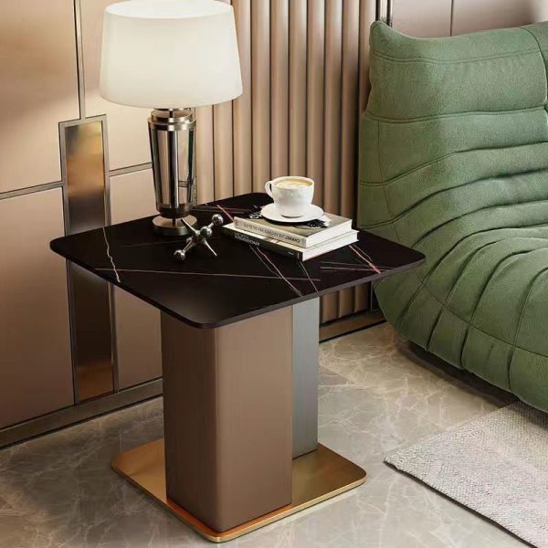 Contemporary Scandinavian Square Column Slate Leather Wood Carbon Steel End Table For Living Room - Image 24