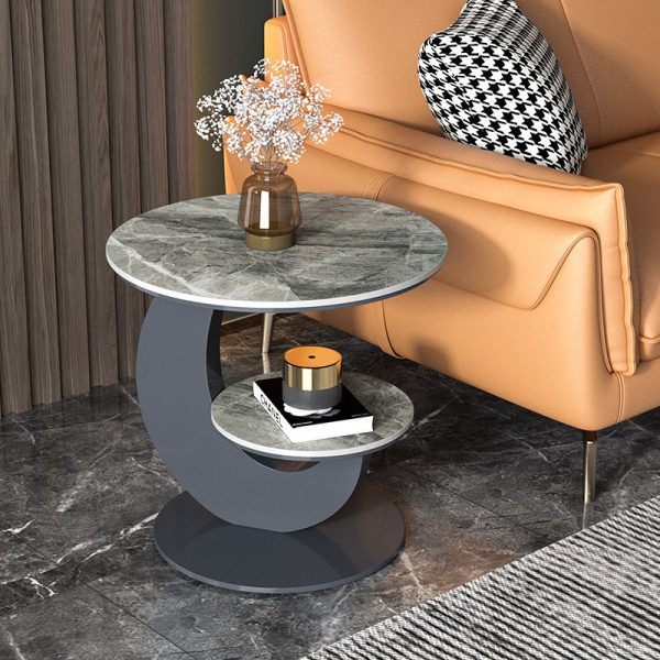 Modern Luxury Round Crescent Moon Frame Slab Carbon Steel End Table 2-Tray For Living Room - Image 3
