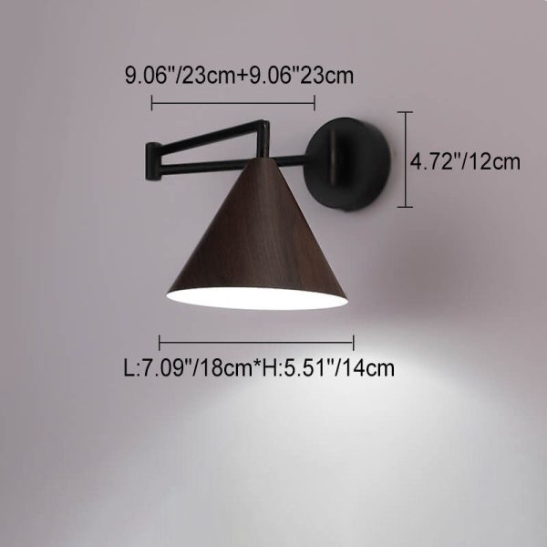 Nordic Minimalist Cone Swing Arm Wood Grain Iron 1-Light Wall Sconce Lamp - Image 5