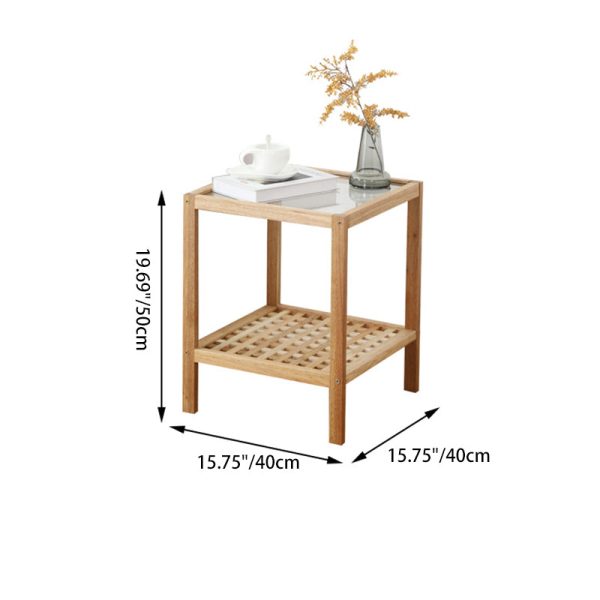 Traditional Japanese Square Wood Glass End Table 2-Tier For Living Room - Image 4